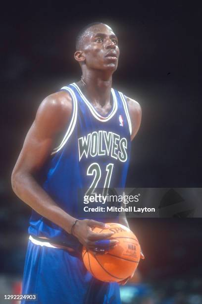 Kevin Garnett of the Minnesota Timberwolves takes a foul shot during a NBA basketball game against the Washington Bullets on April 12, 1996 at USAir...