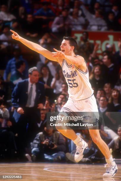 Arturas Karnisovas of Seton Hall Pirates celebrates a shot during the semifinals of the Big East Championships against Villanova Wildcats at Madison...