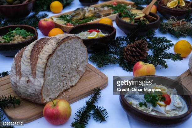 Traditional polish Christmas dishes are pictured part of a media photo opportunity to show the food parcel ingredients for the needy people at...