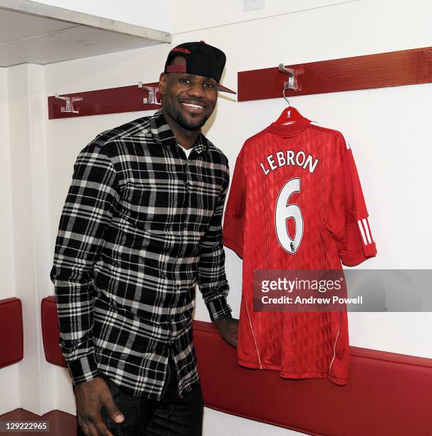 American basketball player LeBron James, a minority stakeholder of Liverpool FC, visits Anfield stadium, the home of Liverpool Football Club on...