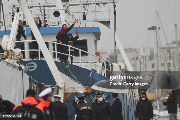 Italian fishermen return home after being held in Libya on December 20, 2020 in Mazara del Vallo, Italy. The 18 crew members of the fishing boats...