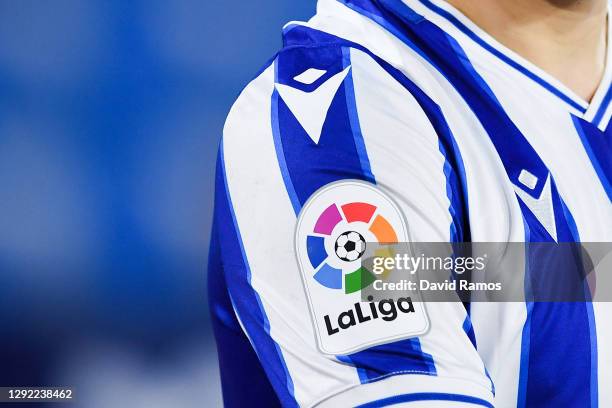 La Liga badge is seen on a Real Sociedad jersey during the La Liga Santander match between Levante UD and Real Sociedad at Ciutat de Valencia Stadium...