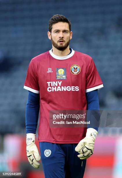 Craig Gordon of Heart of Midlothian warms up prior to the William Hill Scottish Cup final match between Celtic and Heart of Midlothian at Hampden...