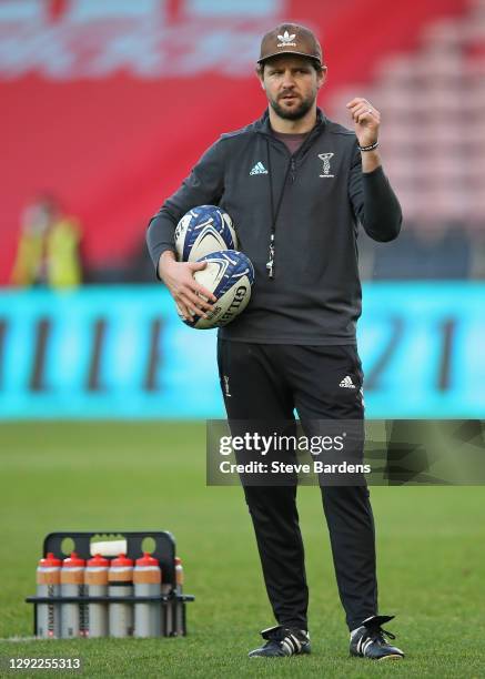 Harlequins skills and off the ball coach, Nick Evans looks on prior to the Heineken Champions Cup Pool B Round 2 match between Harlequins and Racing...