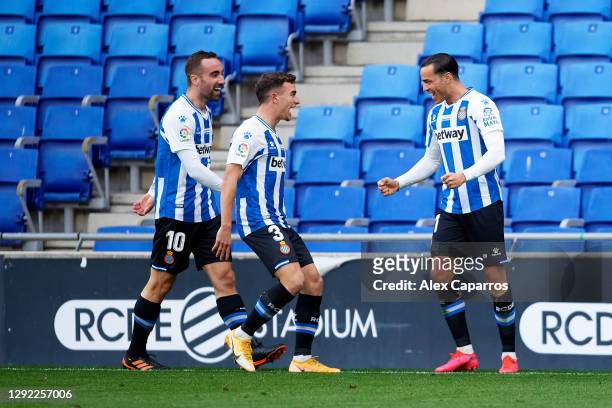 Raul de Tomas of RCD Espanyol celebrates with his teammates Sergi Darder and Adria Pedrosa after scoring the opening goal during the LaLiga SmartBank...