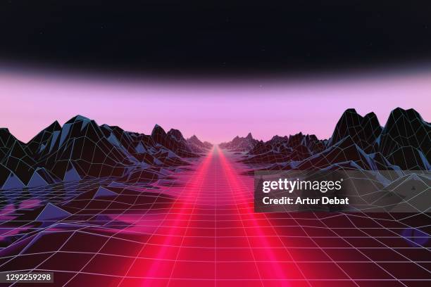 car light trail driving straight in surreal digital render scenario. - video game background stock-fotos und bilder