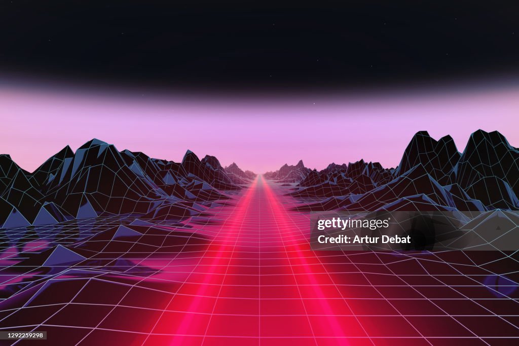 Car light trail driving straight in surreal digital render scenario.