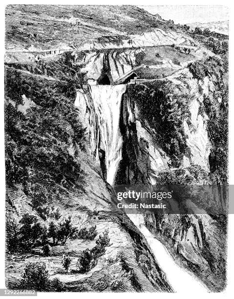 the tivoli waterfall with its travertine formations - isle of staffa stock illustrations