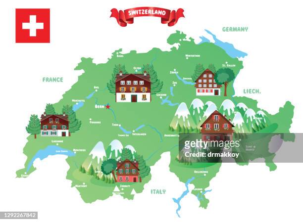 switzerland and wooden mountain house - zurich map stock illustrations