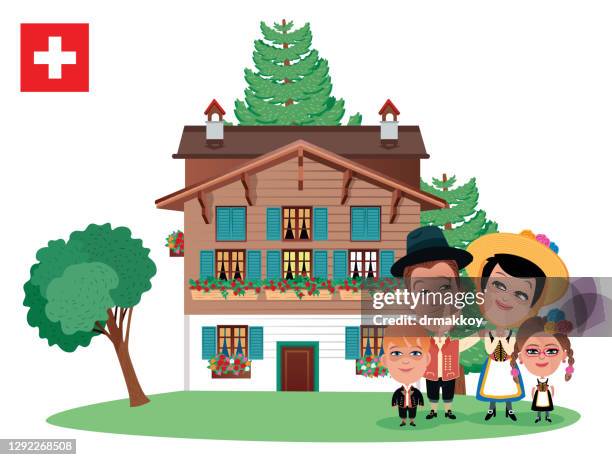 switzerland - happy family in farm stock illustrations