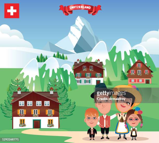 swiss family and matterhorn - happy family in farm stock illustrations