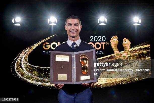 Juventus player Cristiano Ronaldo receives the Golden Foot Award on December 20, 2020 in Turin, Italy.