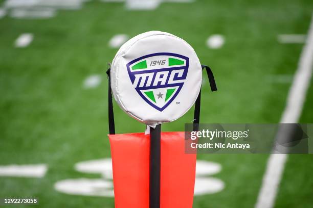 The MAC logo is pictured during the second half of the Rocket Mortgage MAC Football Championship between the Ball State Cardinals and Buffalo Bulls...