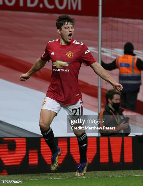 Daniel James of Manchester United celebrates scoring their fifth goal during the Premier League match between Manchester United and Leeds United at...
