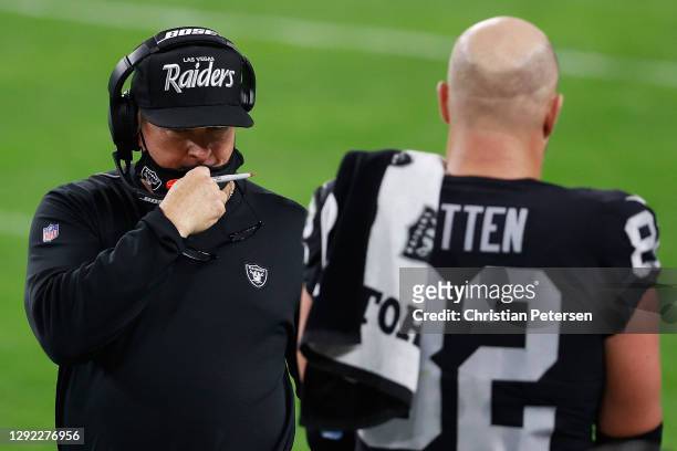 Head coach Jon Gruden of the Las Vegas Raiders on the sidelines during the NFL game against the Los Angeles Chargers at Allegiant Stadium on December...