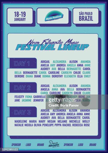 futuristic music festival lineup dj poster or flyer leaflet template in bright blue synthwave cyberpunk style - film festival stock illustrations