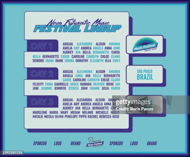 stockillustraties, clipart, cartoons en iconen met futuristische music festival lineup poster of flyer folder template in bright blue synthwave cyberpunk style in web banner size - film festival