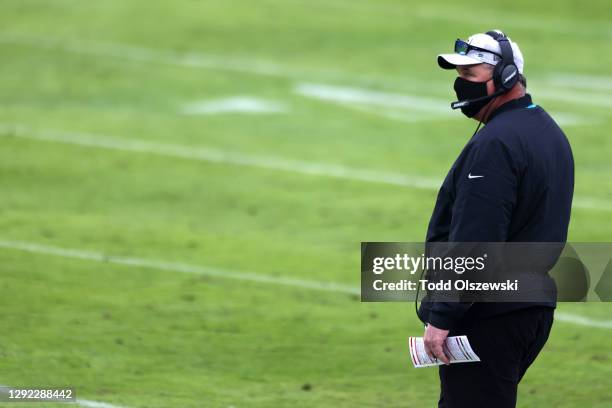 Head coach Doug Marrone of the Jacksonville Jaguars looks on during the first half of their game against the Baltimore Ravens at M&T Bank Stadium on...