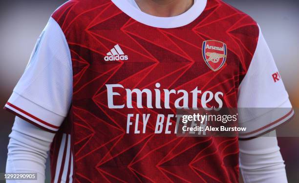 Detailed view of the 'Emirates Fly Better' sponsor logo on the front of the Arsenal home shirt worn by Beth Mead of Arsenal during the Barclays FA...