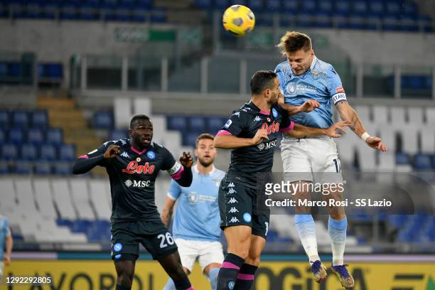 Ciro Immobile of SS Lazio scores a opening goal during the Serie A match between SS Lazio and SSC Napoli at Stadio Olimpico on December 20, 2020 in...