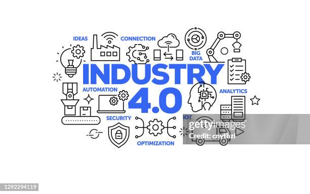 industry 4.0 related web banner line style. modern linear design vector illustration for web banner, website header etc. - computer aided manufacturing stock illustrations