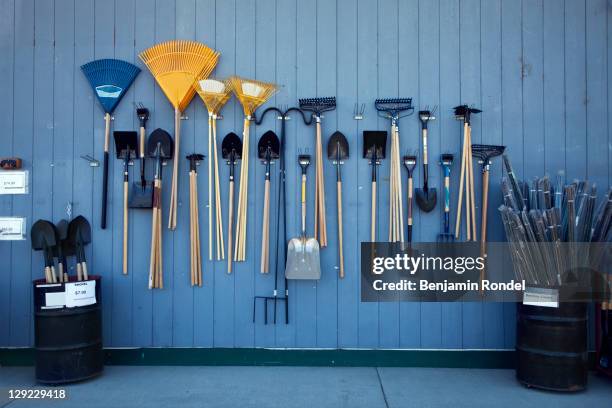 garden tools on display - trädgårdsredskap bildbanksfoton och bilder