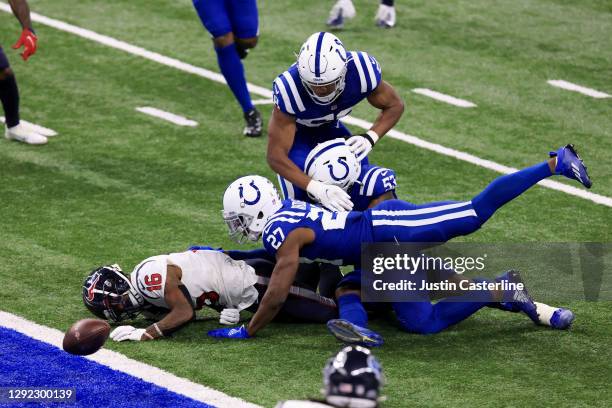 Keke Coutee of the Houston Texans fumbles the ball near the end zone in the game against the Indianapolis Colts during the fourth quarter at Lucas...