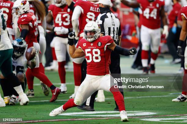 Jordan Hicks of the Arizona Cardinals celebrates after a defensive stop forcing a 4th down in the first quarter against the Philadelphia Eagles at...