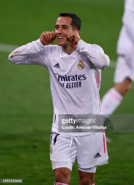 Lucas Vazquez celebrating his goal during the La Liga Santander match between SD Eibar and Real Madrid at Estadio Municipal de Ipurua on December 20,...