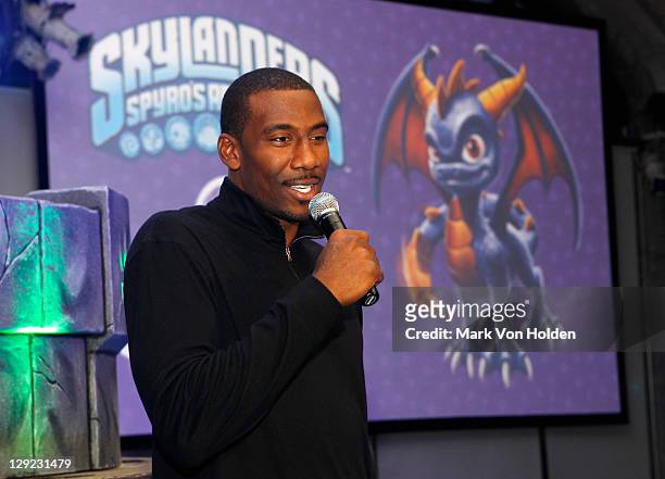 Basketball Player Amar'e Stoudemire speaks at Skylanders Spyro's Adventure Launch Event hosted by Amar'e Stoudemire at Guastavino's on October 14,...