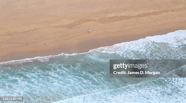 An aerial view of a lone surfer walking on Curl Curl beach on December 21, 2020 in Sydney, Australia. Sydney's northern beaches is on lockdown, as a...