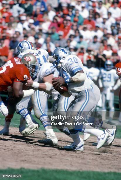 James Jones of the Detroit Lions carries the ball against the San Francisco 49ers during an NFL football game October 2, 1988 at Candlestick Park in...