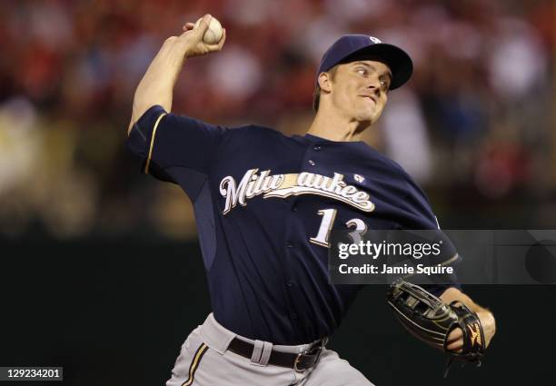 Zack Greinke of the Milwaukee Brewers throws apitch against the St. Louis Cardinals during Game Five of the National League Championship Series at...