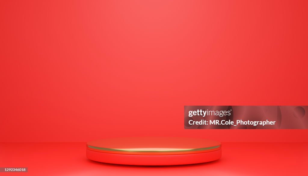 3d rendered Gold Stage podium on red Backgrounds and floor. Platforms for product presentation, Gold and red color mock up Backgrounds