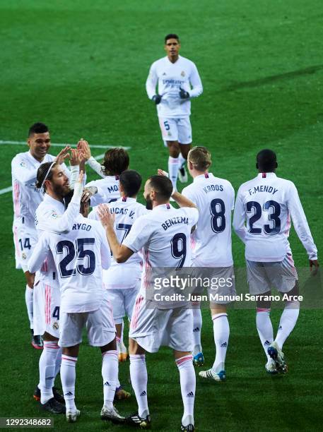 Karim Benzema of Real Madrid celebrates after scoring goal during the La Liga Santander match between SD Eibar and Real Madrid at Estadio Municipal...