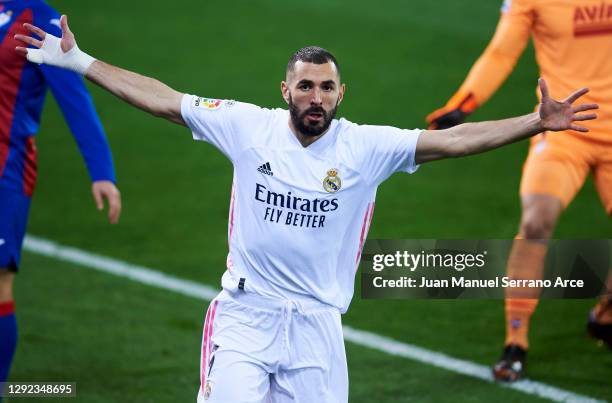 Karim Benzema of Real Madrid celebrates after scoring goal during the La Liga Santander match between SD Eibar and Real Madrid at Estadio Municipal...