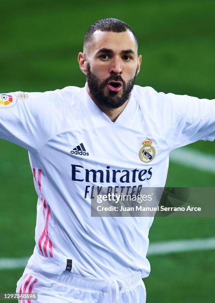 Karim Benzema of Real Madrid celebrates after scoring goal during the La Liga Santander match between SD Eibar and Real Madrid at Estadio Municipal...