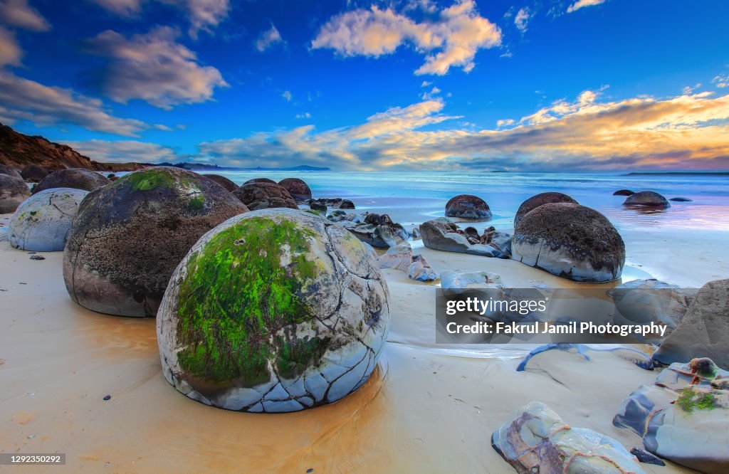 Beautiful Sunrise at Moeraki Boulders, New Zealand