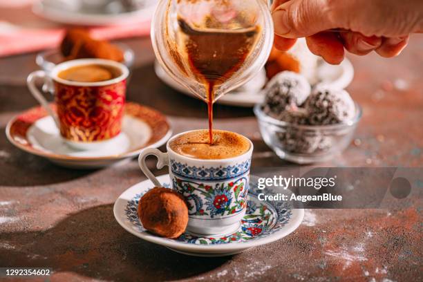 foamy turkish coffee - turkish coffee drink stock pictures, royalty-free photos & images