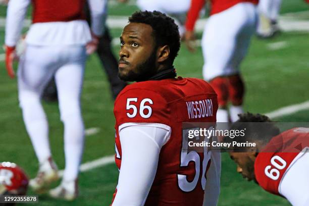 Kamar Missouri of the Rutgers Scarlet Knights looks on during warm ups before the game at SHI Stadium on December 18, 2020 in Piscataway, New Jersey....