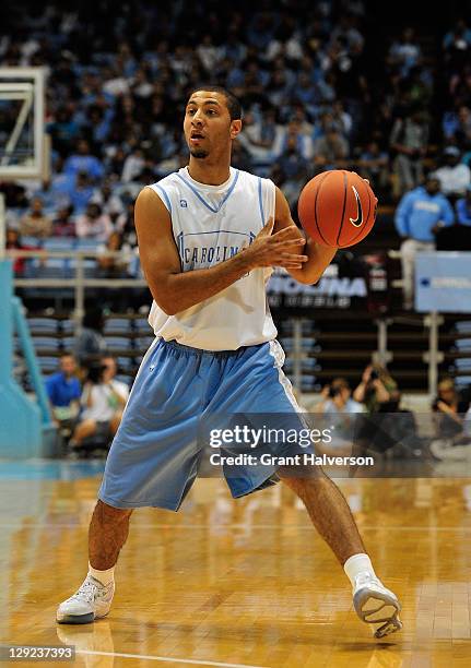 Kendall Marshall of the North Carolina Tar Heels looks to pass during Late Night with Roy, the first practice of the basketball season, on October...