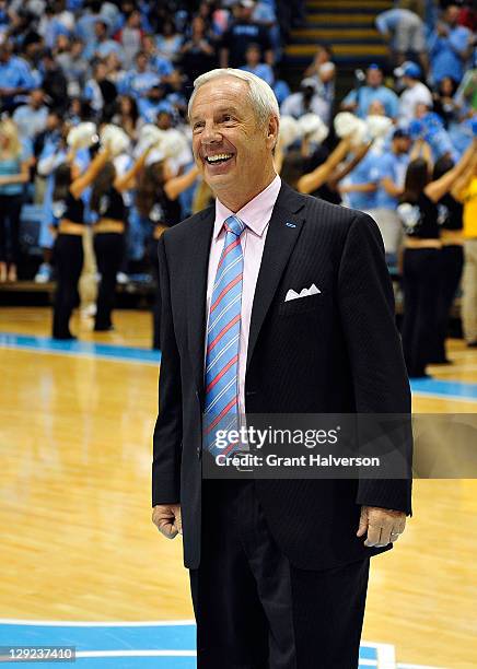 Coach Roy Williams of the North Carolina Tar Heels watches during Late Night with Roy, the first practice of the basketball season, on October 14,...