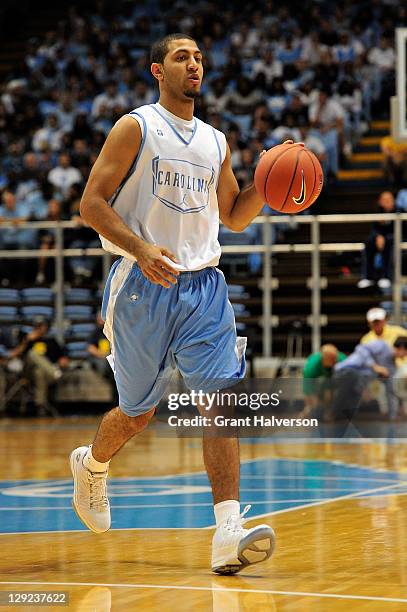 Kendall Marshall of the North Carolina Tar Heels looks to pass during Late Night with Roy, the first practice of the basketball season, on October...