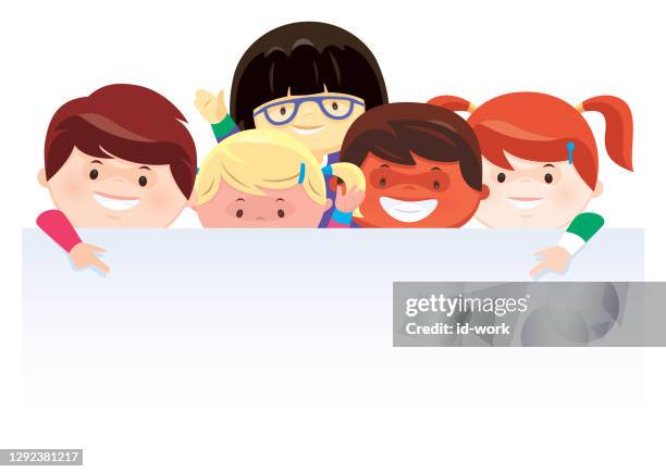 five children gathering and presenting - school child stock illustrations