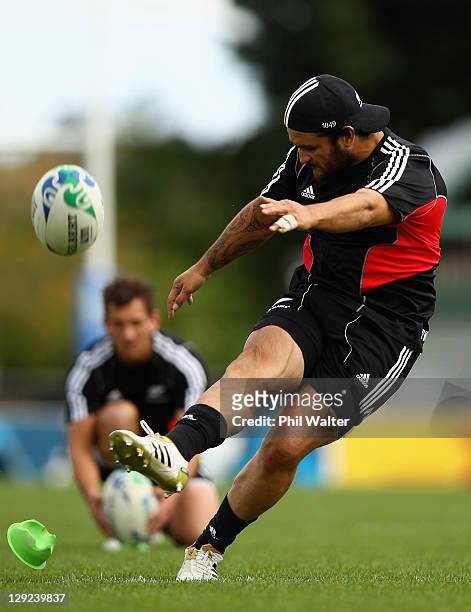 Piri Weepu of the All Blacks kicks during a New Zealand All Blacks IRB Rugby World Cup 2011 captain's run at Trusts Stadium on October 15, 2011 in...