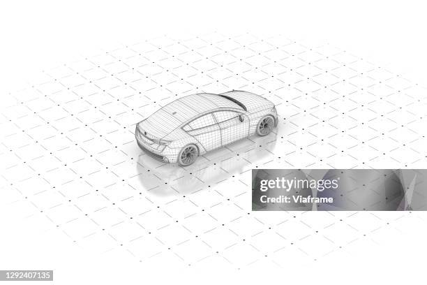 electric car sensors wireframe white - car wireframe stockfoto's en -beelden