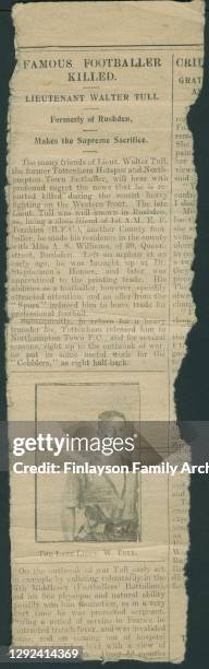 An incomplete newspaper report of the death of 2nd Lt Walter D Tull, referring to his successful football career with Tottenham Hotspur and...