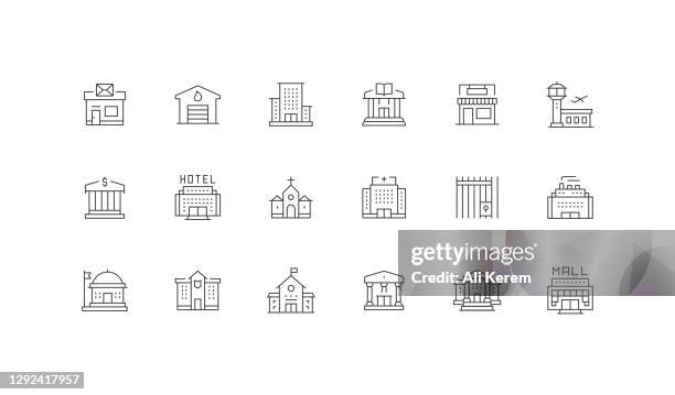 stockillustraties, clipart, cartoons en iconen met openbare gebouwen, postkantoor, brandweerkazerne, office center, bibliotheek, winkelpictogrammen - building exterior