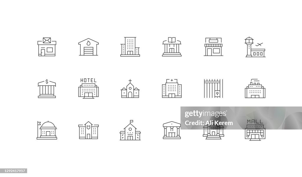 Public Buildings, Post Office, Fire Station, Office Center, Library, Store Icons