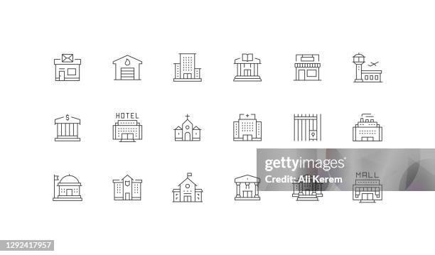 public buildings, post office, fire station, office center, library, store icons - shopping mall stock illustrations